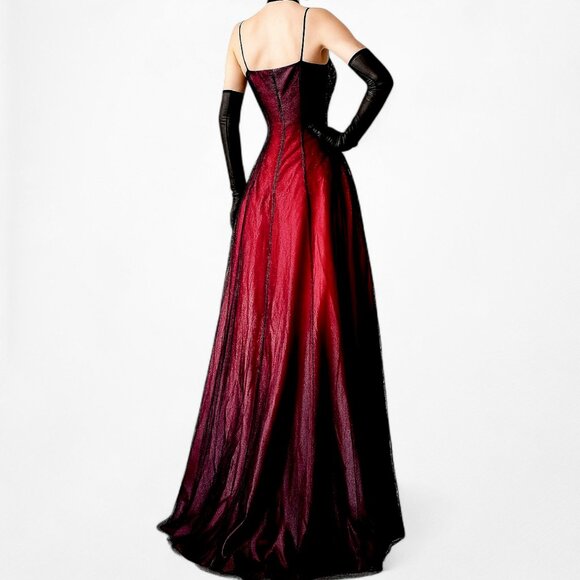 Vintage Burgundy Red Floral Beaded Ombre Mesh Satin Fit Flared Maxi Prom Dress L - Picture 3 of 7